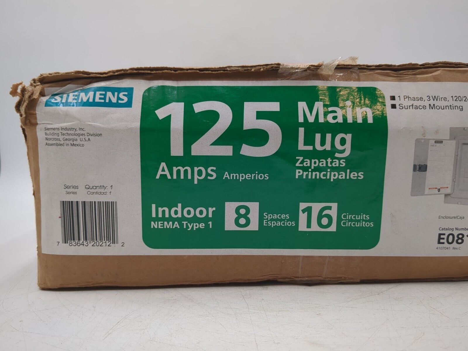 Siemens Indoor Main Lug Surface Mount Load Center 8-Space 16-Circuit 125 Amp New
