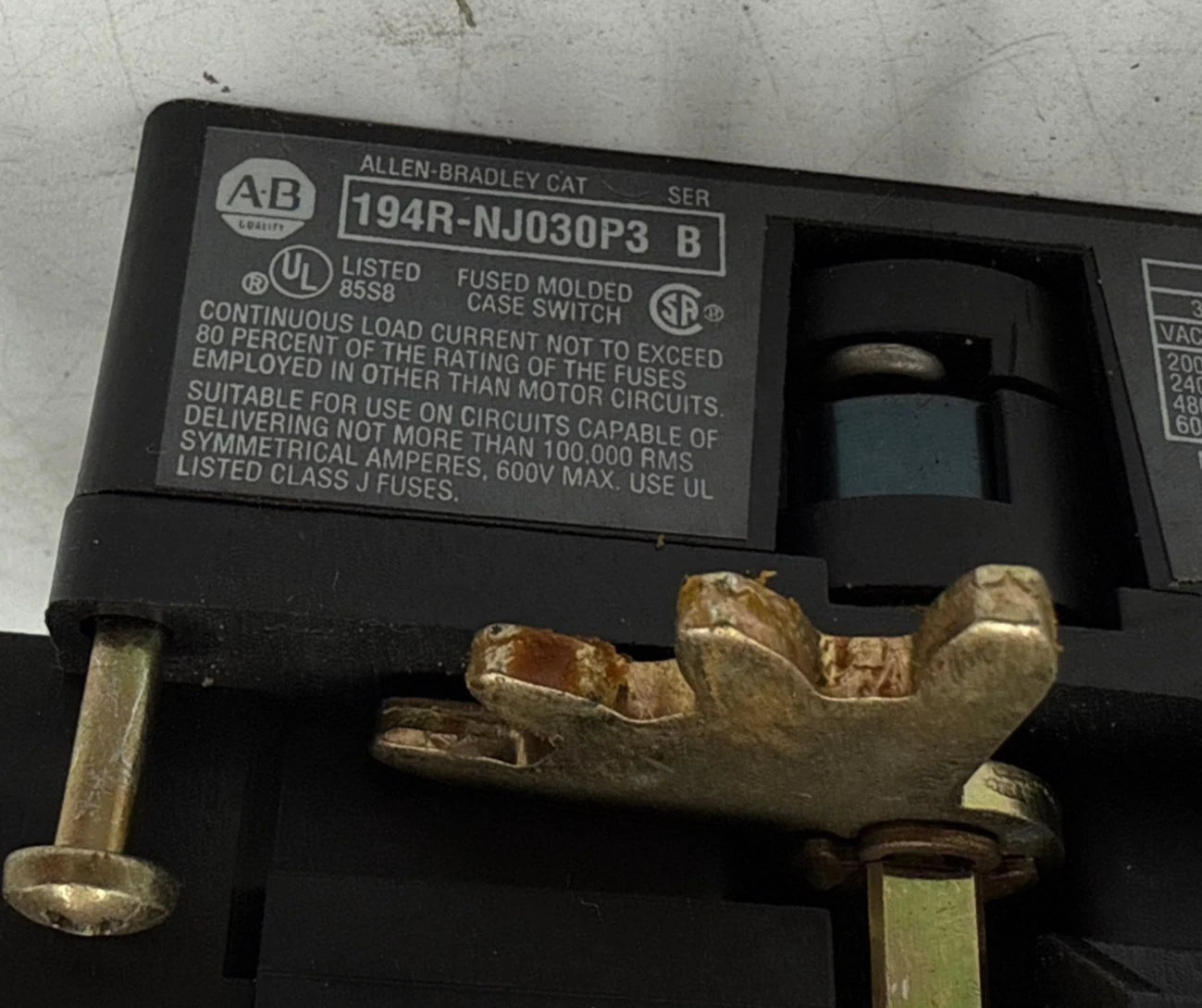 Allen Bradley 194R-NJ030P3 Ser B Fused Disconnect Switch 30A 3P 600V 3PH 30 Amp Used