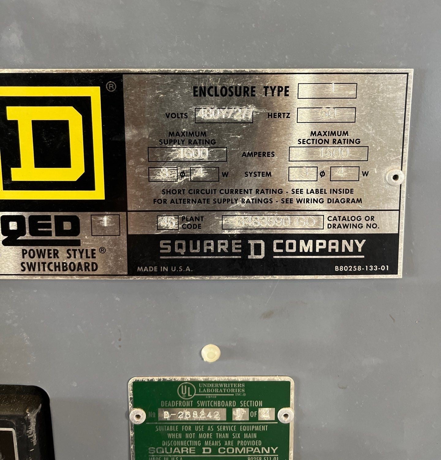 Square D QED Switchboard 1600A 480/277V 3PH 4W MCB PXF361600G LSIG Ground Fault Used