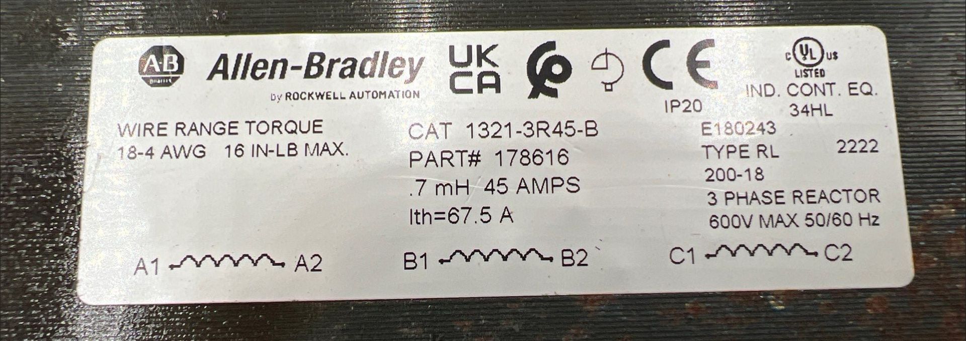 Allen Bradley 1321-3R45-B Input Output Line Reactor 45A 3PH 0.7MH 600V Used