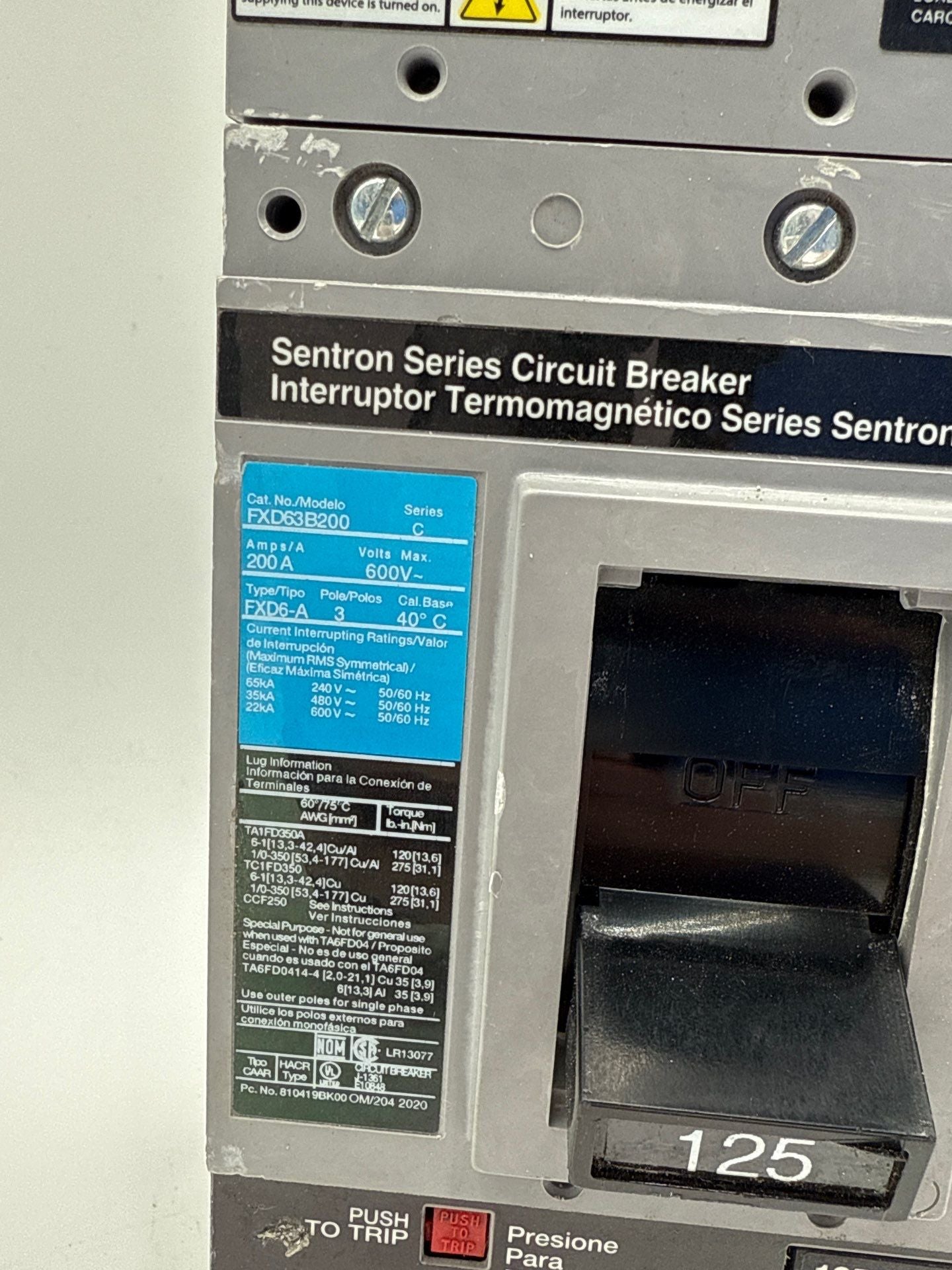 Siemens FXD63B125 Circuit Breaker 125A 3P 600V FXD6-A 125 Amp 3 Pole Used