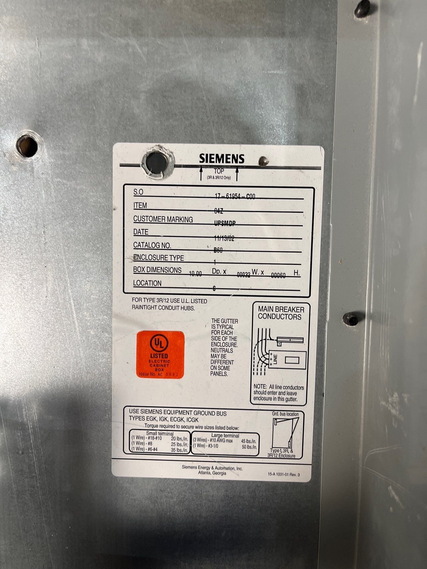 Siemens S4E60ML400ATS S4 Panelboard 400A 480/277V 3PH 4W MLO Indoor Encl B60 Used