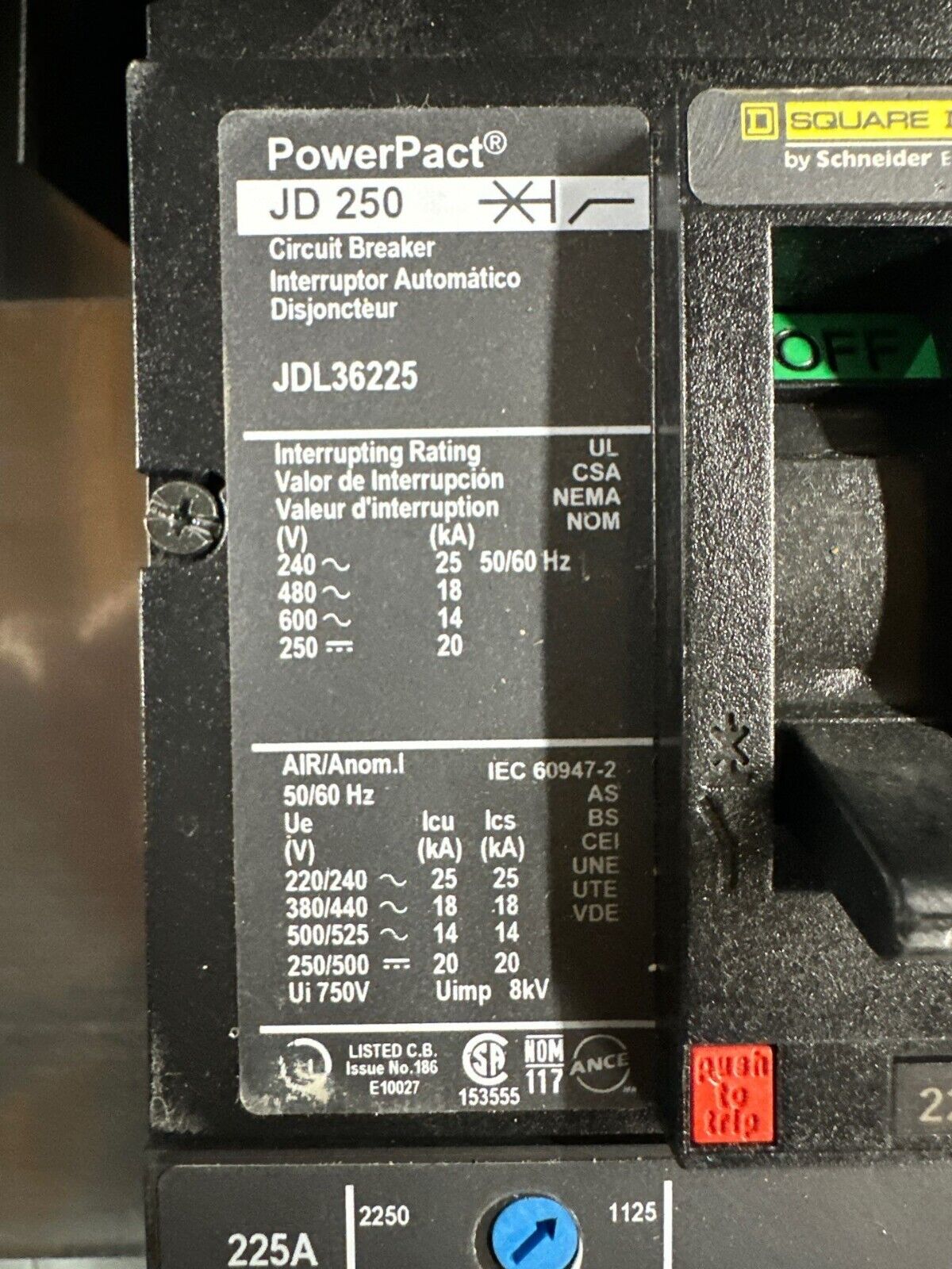Square D NF NF430L2 Panelboard 225A 600Y/347V 3PH 4W 225 Amp MCB Main JDL36225 P273 Used