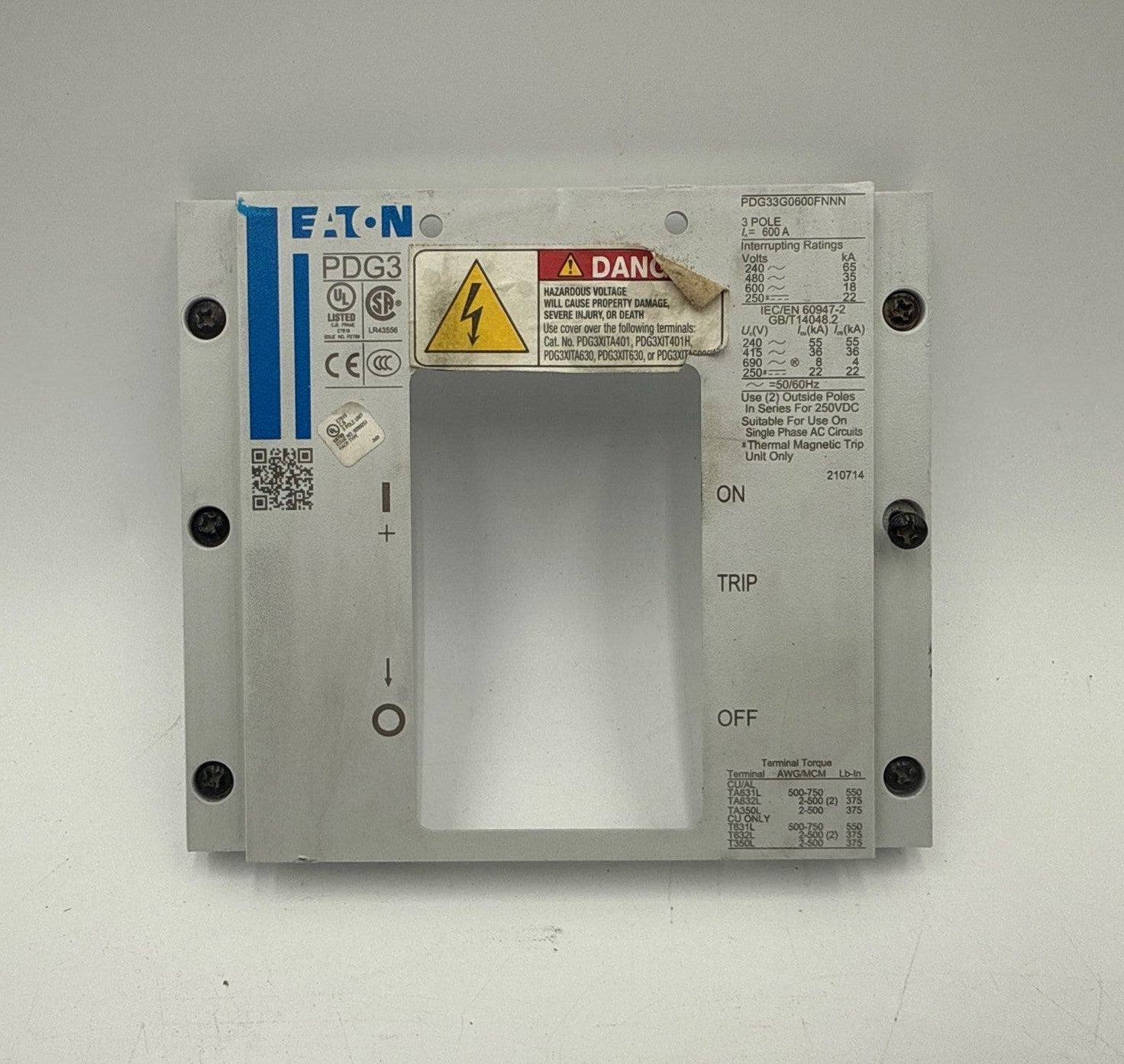 Eaton PDG33G0600FNNN Circuit Breaker Face Cover With Screws 600A Frame PDG3 Used
