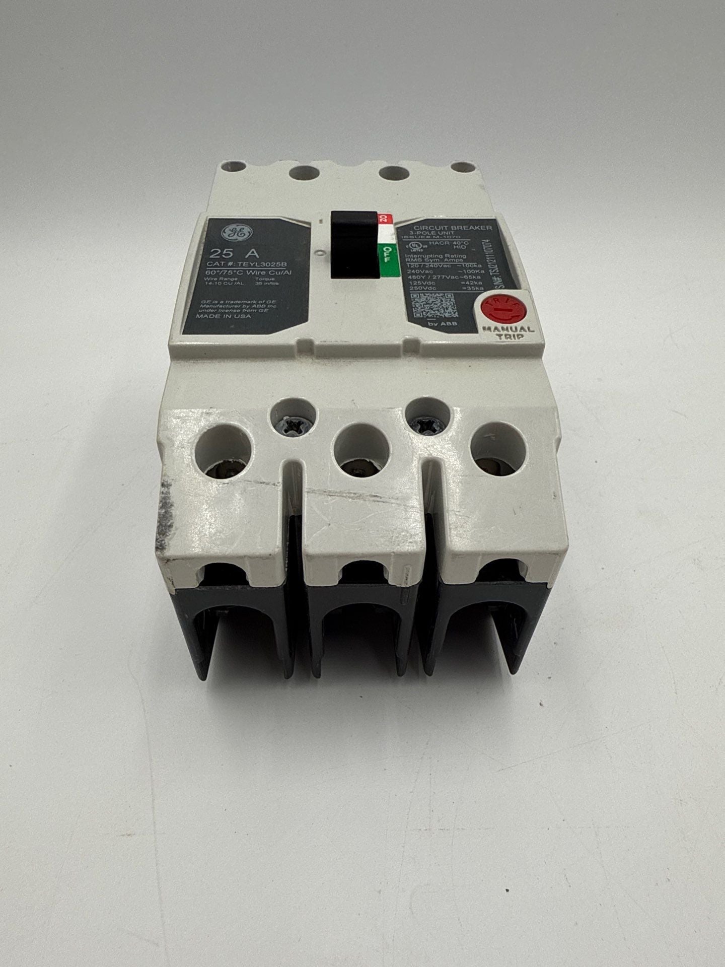GE TEYL3025B Circuit Breaker 25A 3P 480/277V 3PH TEYL 25 Amp 3 Pole Bolt On Used