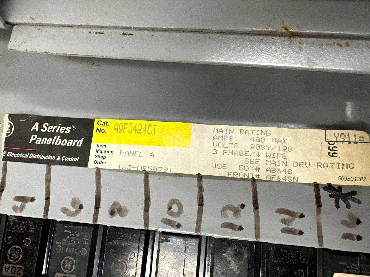 GE PANEL AQF3424CT 400AMP 208/120V 3 PHASE MCB TJD432250 42 CIR NEMA 1 P388 Used