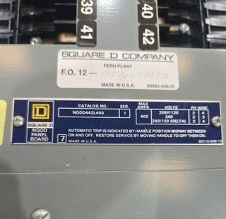 Square D NQOD442L400 Panelboard 400A 208Y/120V 4W 3PH MLO Panel 400 Amp 42 Cir Used