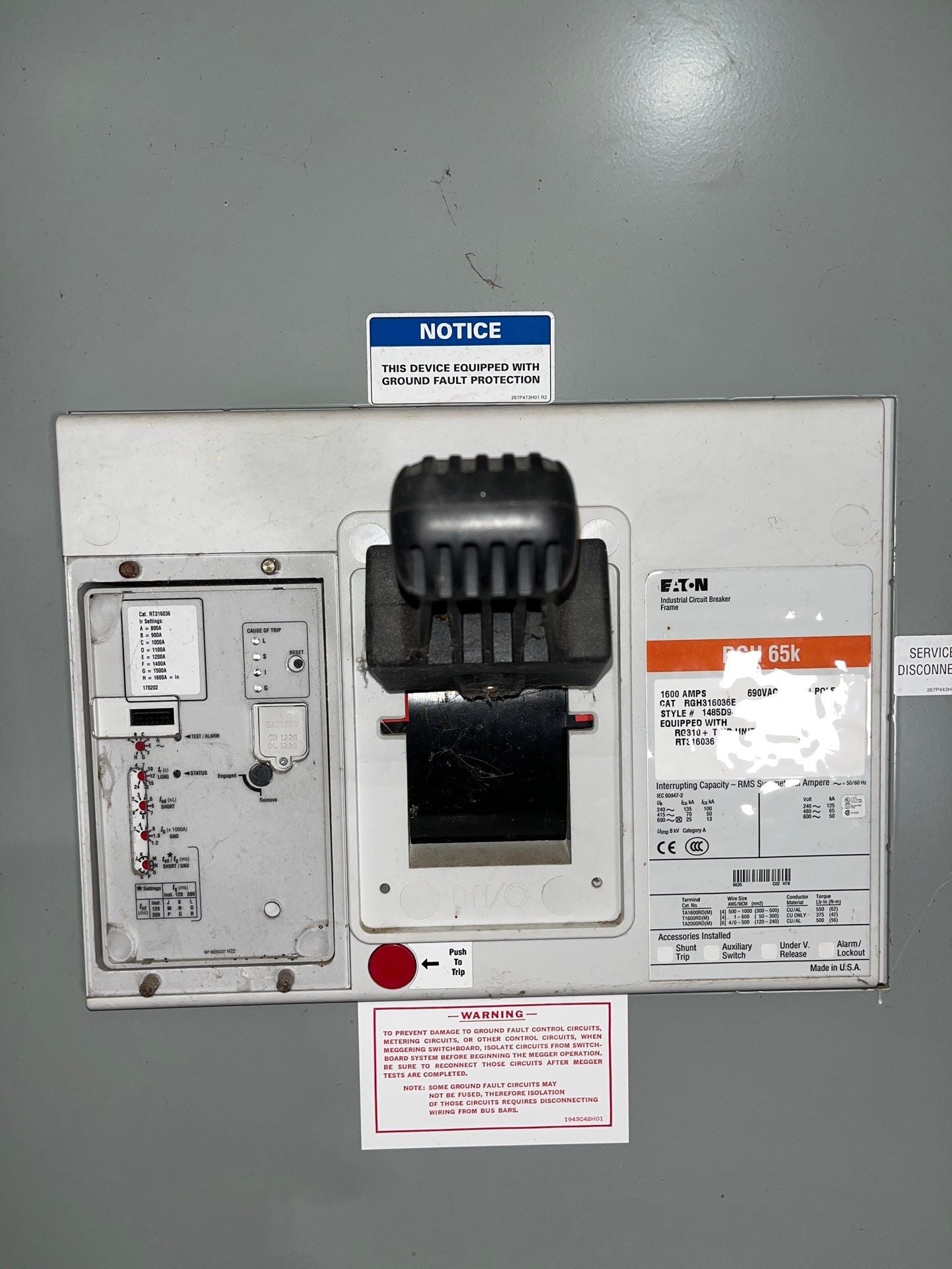 Eaton PRLC Switchboard 1600A 208/120V 3PH 4W 3R Encl MCB RGH316036E LSIG Used