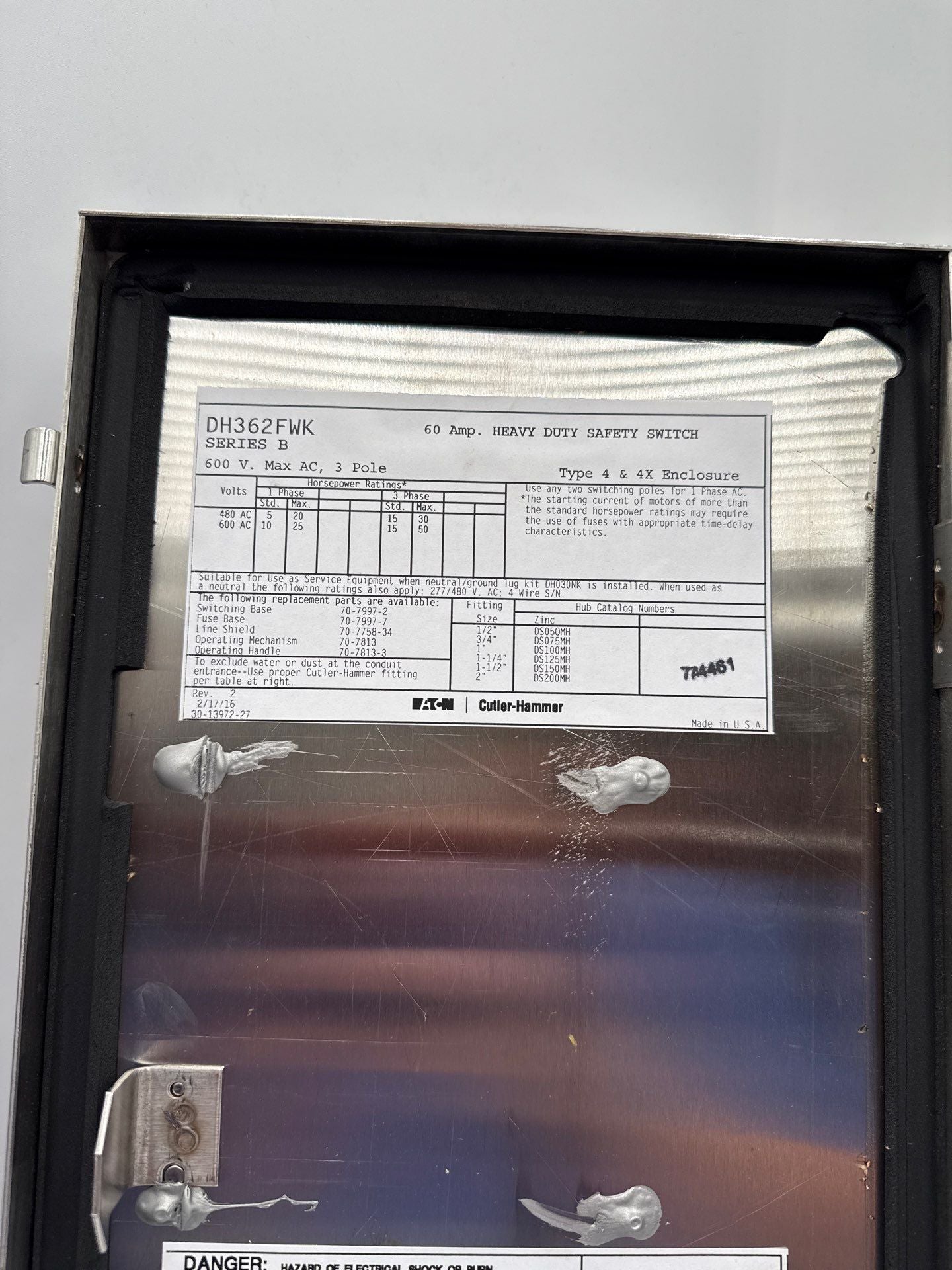 Eaton DH362FWK Safety Disconnect Switch 60A 3P 600V Nema 4 Encl 60 Amp 3 Pole Used