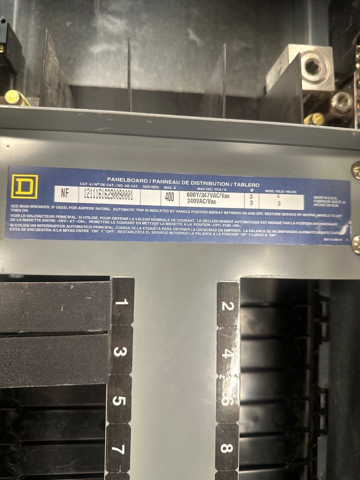 Square D NF Panelboard 400A 600Y/347V 3PH 4W MLO 42 Circuit Main Lug Indoor Encl P375 Used