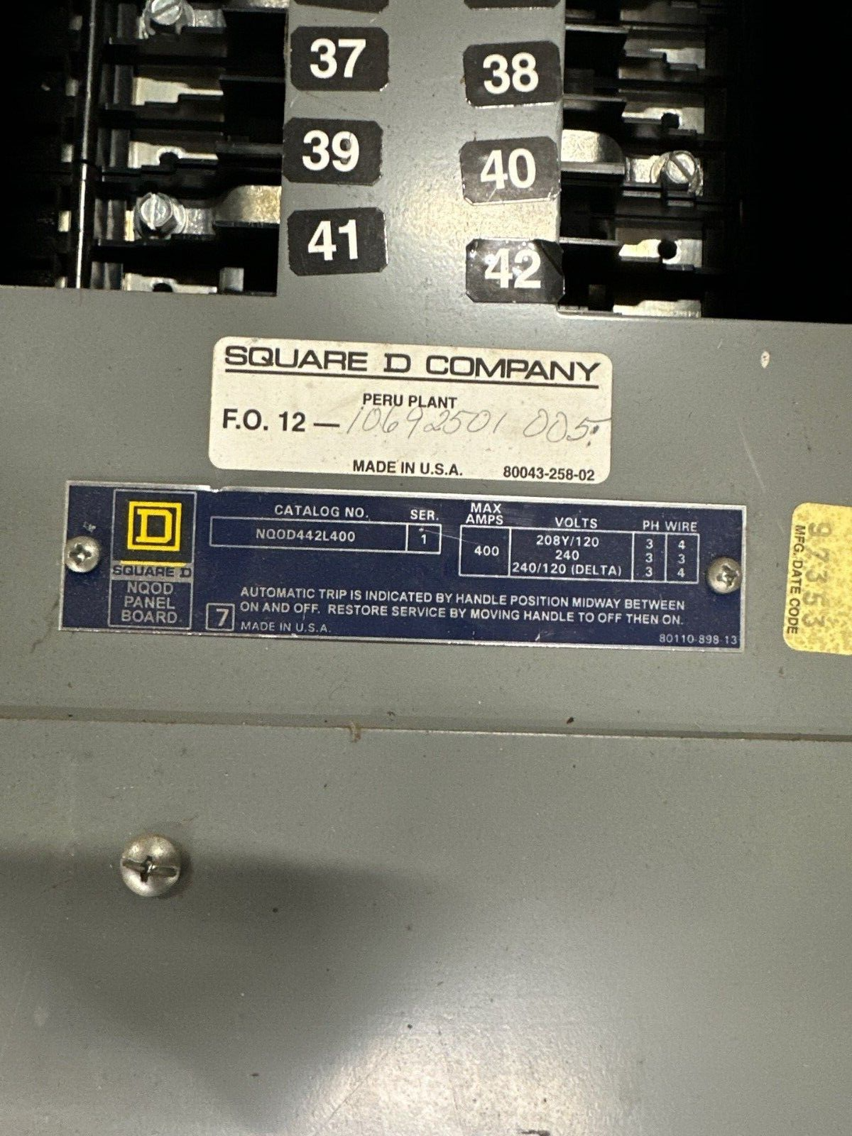 Square D NQOD442L400 Panelboard 400A 208Y/120V 3PH 4W Indoor Encl 42 Circuit MLO P470 Used