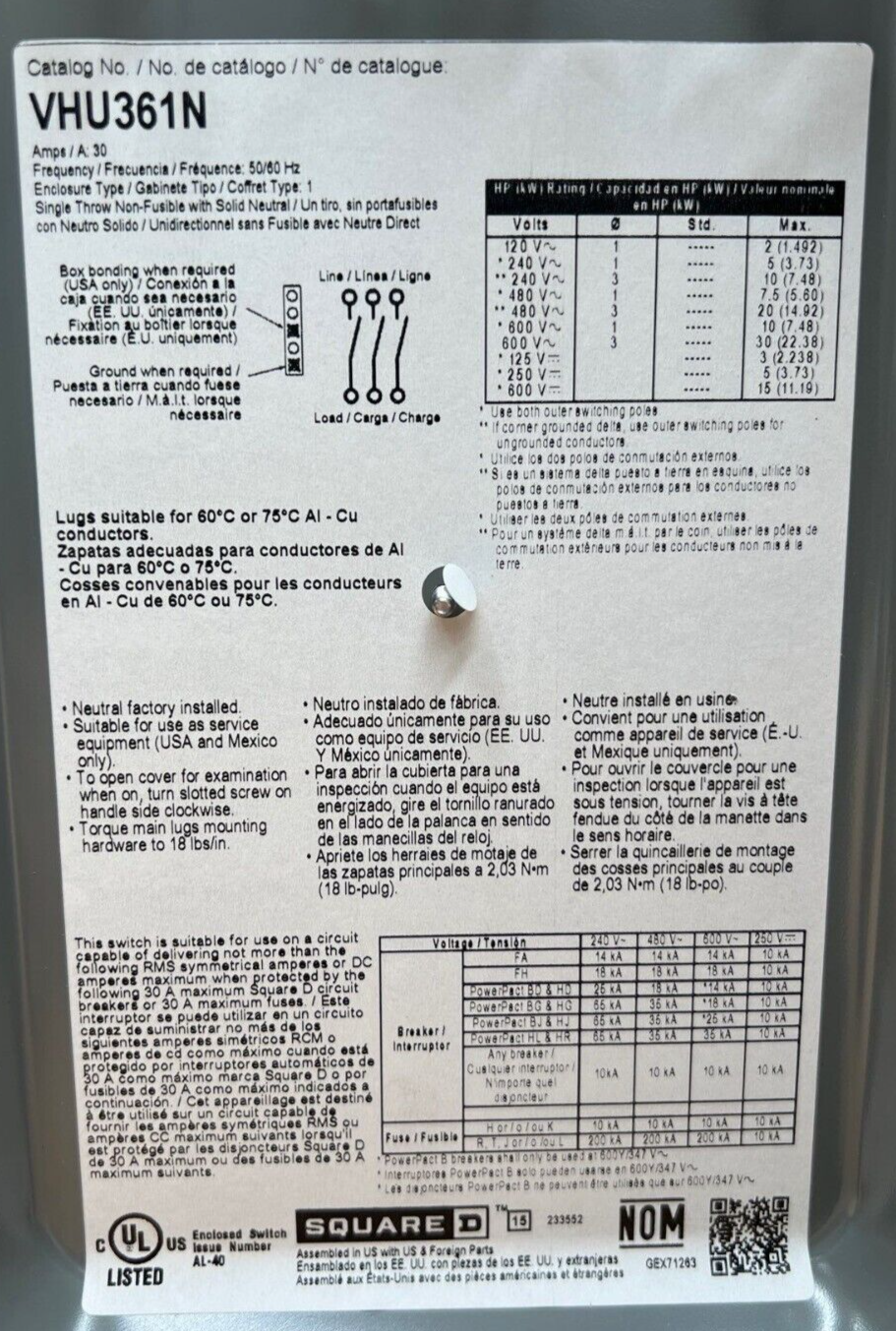 Square D VHU361N New