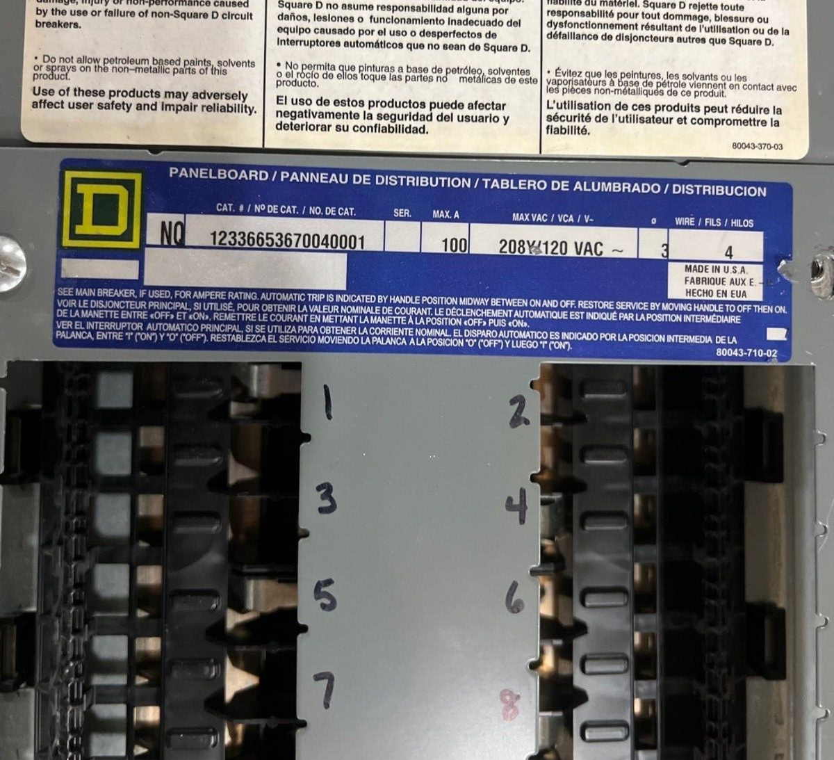Square D NQ Panelboard 100A 208Y/120V 3PH 4W Indoor Encl 42 Circuit MLO MH38BE P619 Used