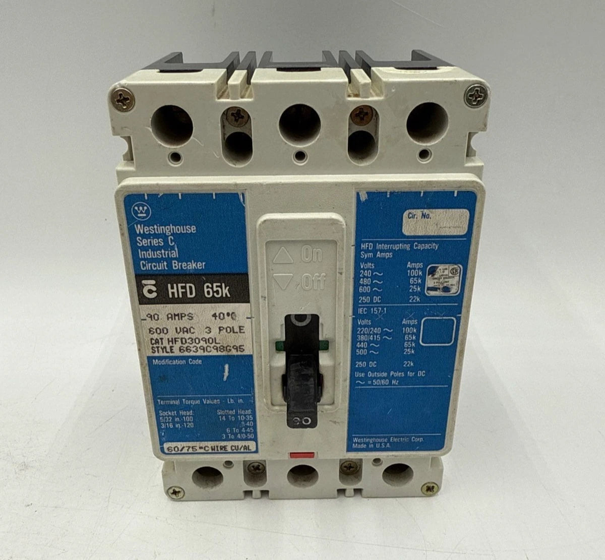 Westinghouse HFD3090L Circuit Breaker 90A 600V 3P HFD 65k 90 Amp 3 Pole Used