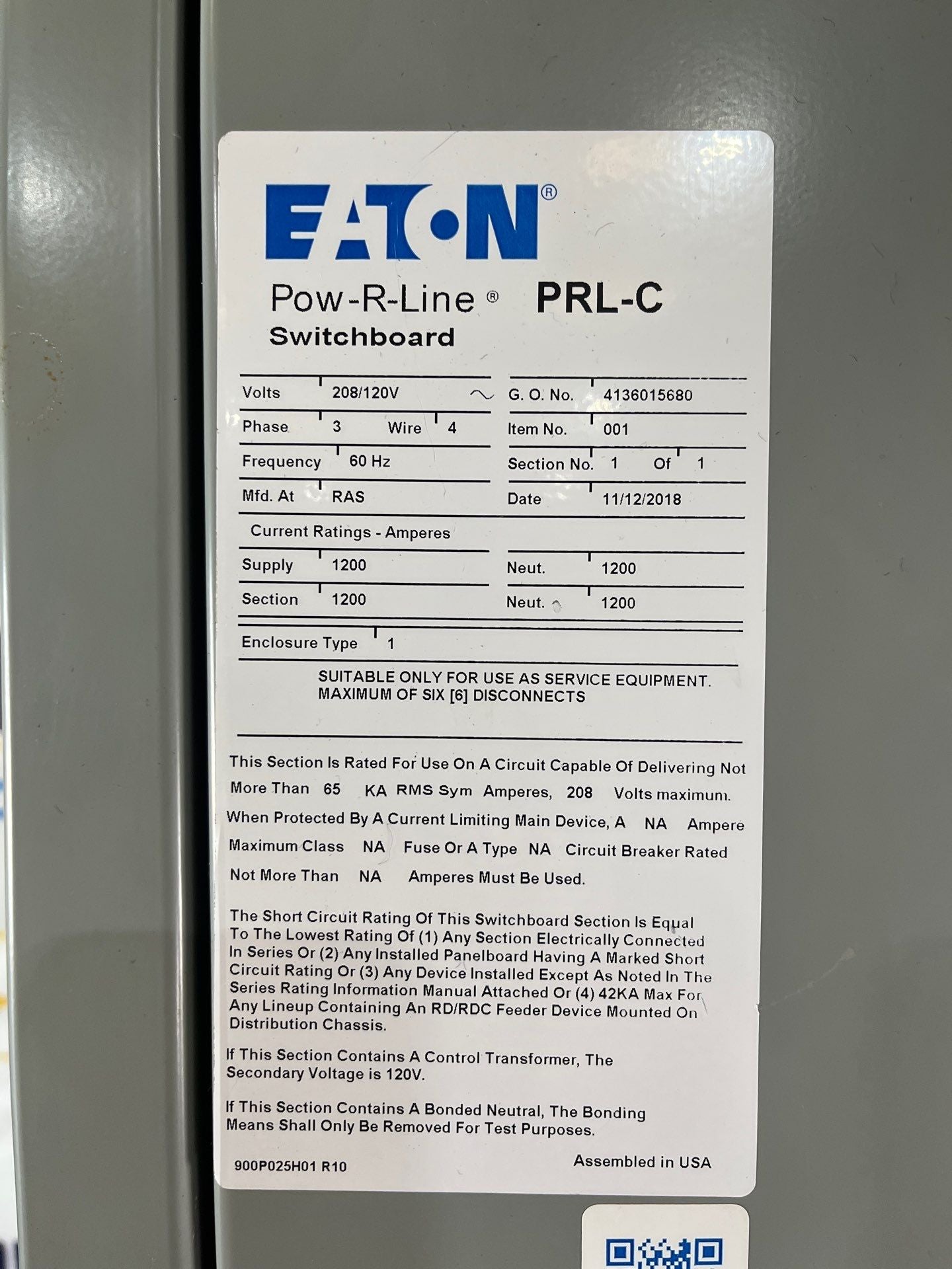 Eaton PRLC Switchboard 1200A 208/120V 3PH 4W NGH312039E LSIG Maintenance Mode Used