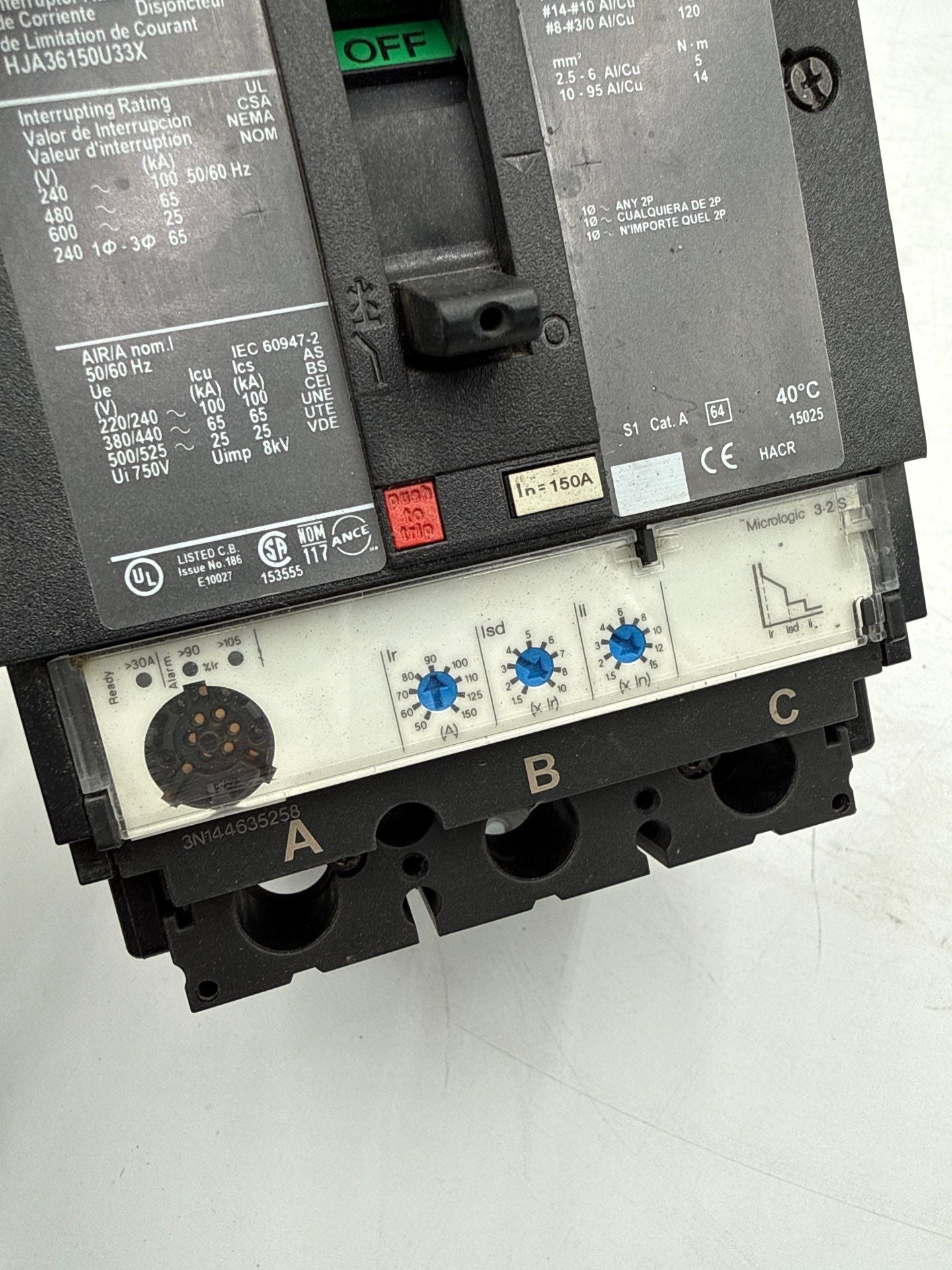 Square D HJA36150U33X I-Line Circuit Breaker 150A 3P 600V HJA 150 Amp 3 Pole Used