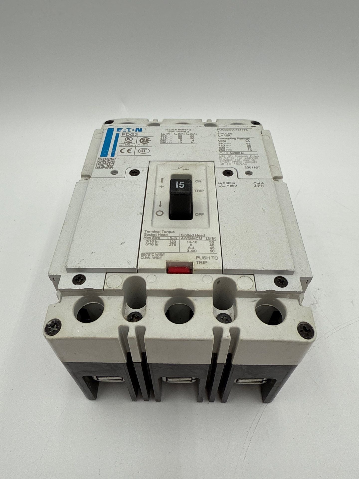 Eaton PDG23G0015TFFL Circuit Breaker 15A 600V 3P Bolt On 15 Amp 3 Pole Used
