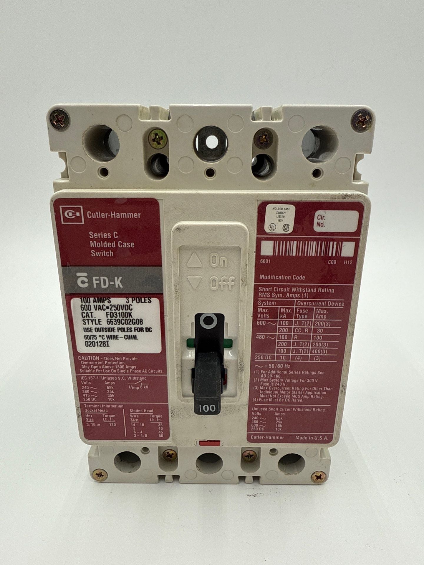 Cutler Hammer FD3100K Circuit Breaker 100A 3P 600V FD-K 100 Amp 3 Pole Used