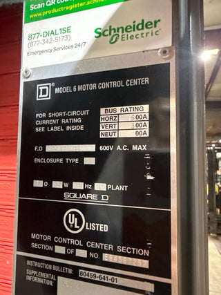 Square D Model 6 600A 300A MCC Motor Control Center 1x Section 480V 600/300 Amp Used