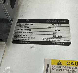 GE 8000 6" 100A MCC Feeder Bucket 100 Amp Breaker THED136100 Used