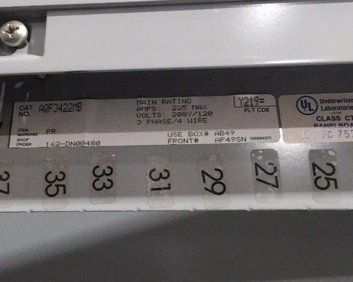 GE AQF3422MB Panelboard 225A 208/120V 3PH 4W 42 Cir MLO Panel 225 Amp AB49B Used