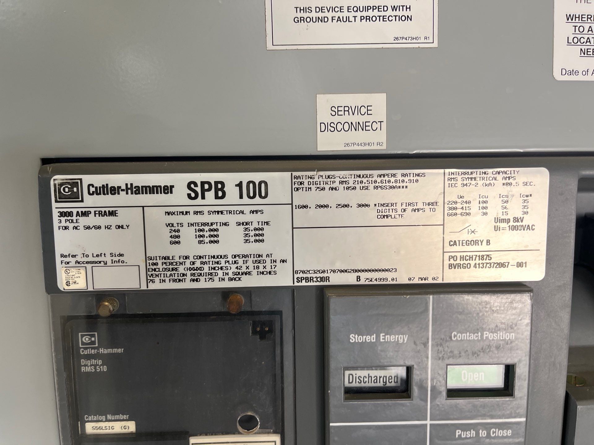 CH PRLC Switchboard 3000A 480/277V 3PH 4W 3000 Amp MCB W/ Distribution Used