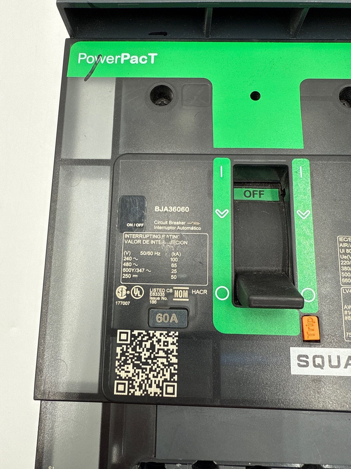 Square D BJA36060 I-Line Circuit Breaker 60A 3P 600V PowerPact 60 Amp 3 Pole Used