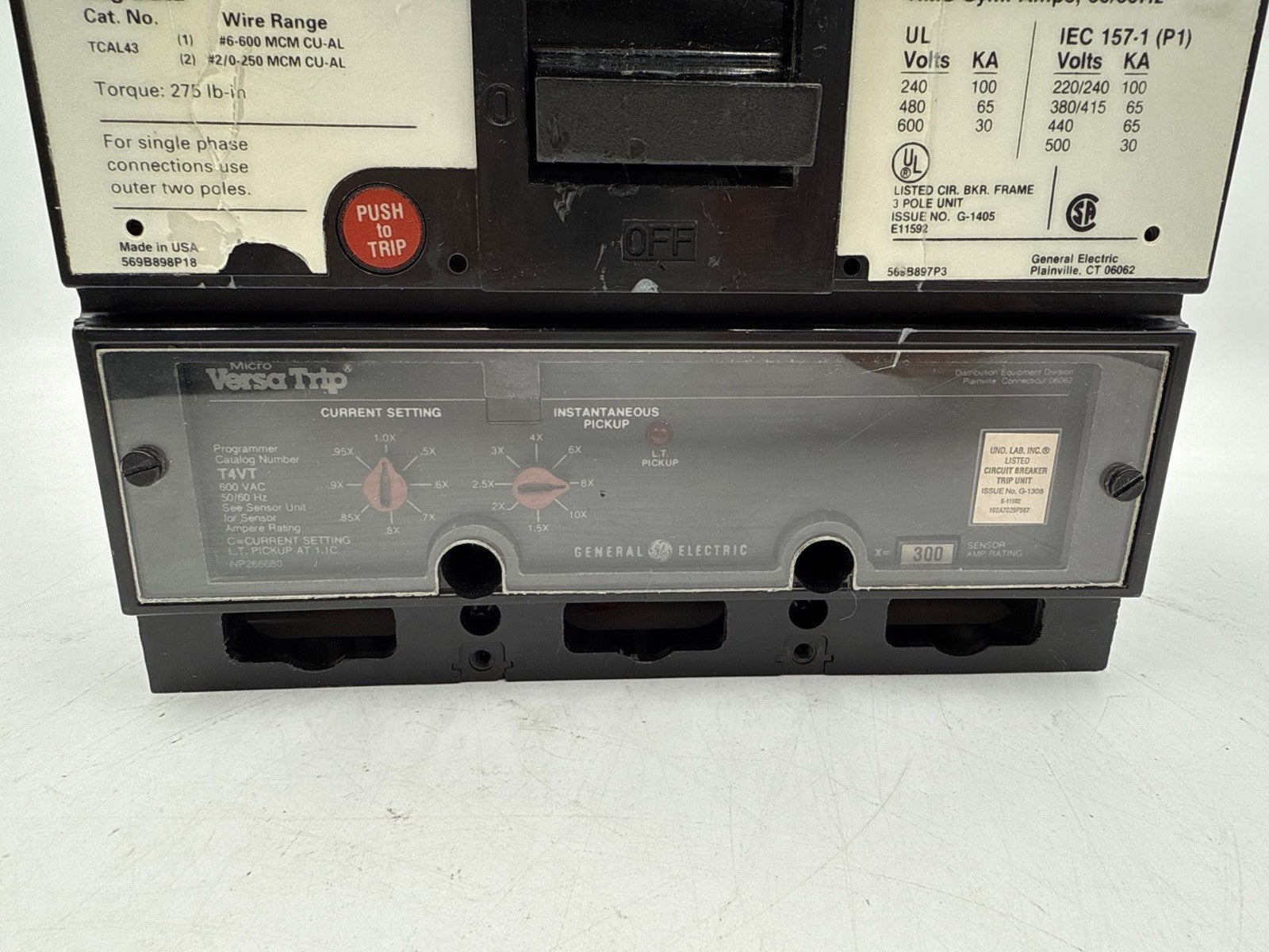 GE TJL4V2603 Circuit Breaker 300A 3P 600V 3PH TJL 300 Amp 3 Pole VersaTrip T4VT Used