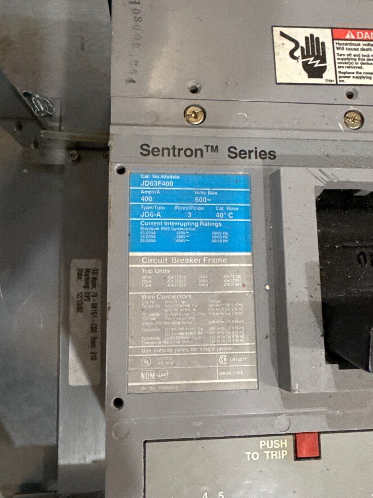 Siemens SEE42ML400ATS Panelboard 400A 480/277V 3PH 4W 42Cir MCB Indoor Encl P662 Used