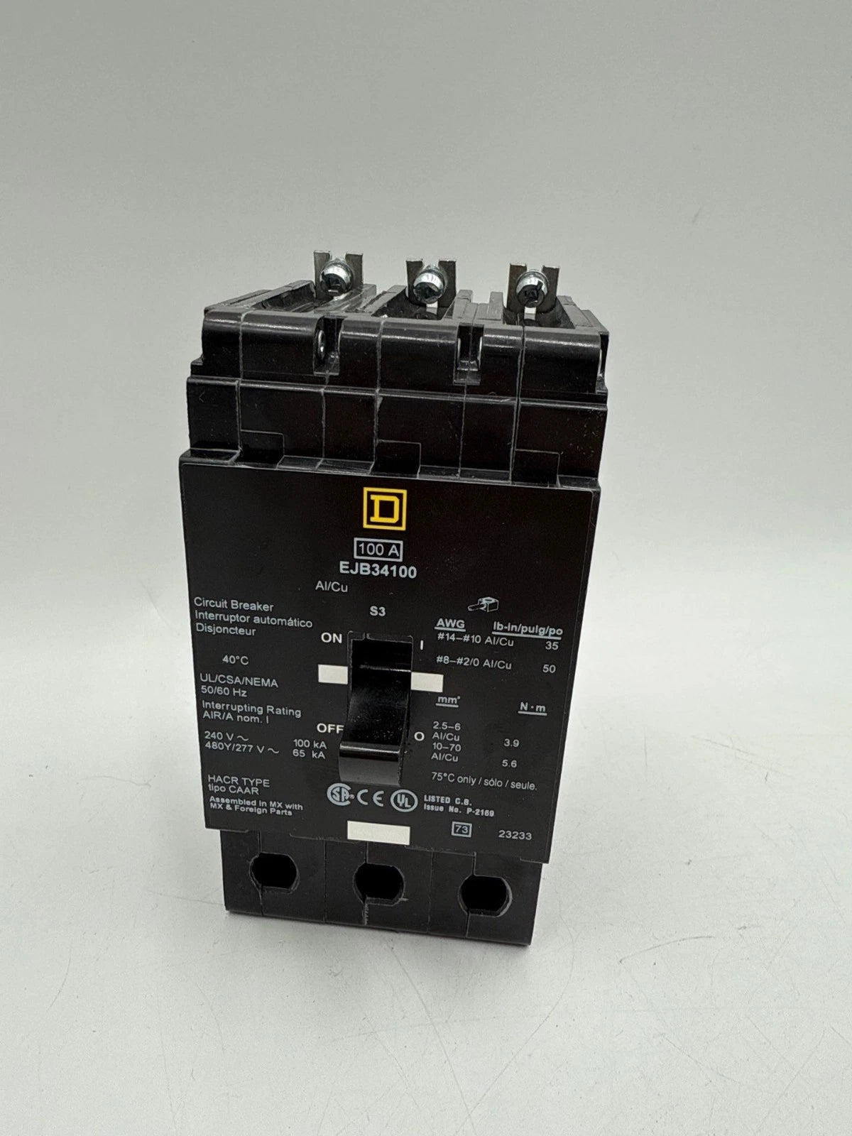 Square D EJB34100 Circuit Breaker 100A 3P 480/277V EJB Bolt On 100 Amp 3 Pole New