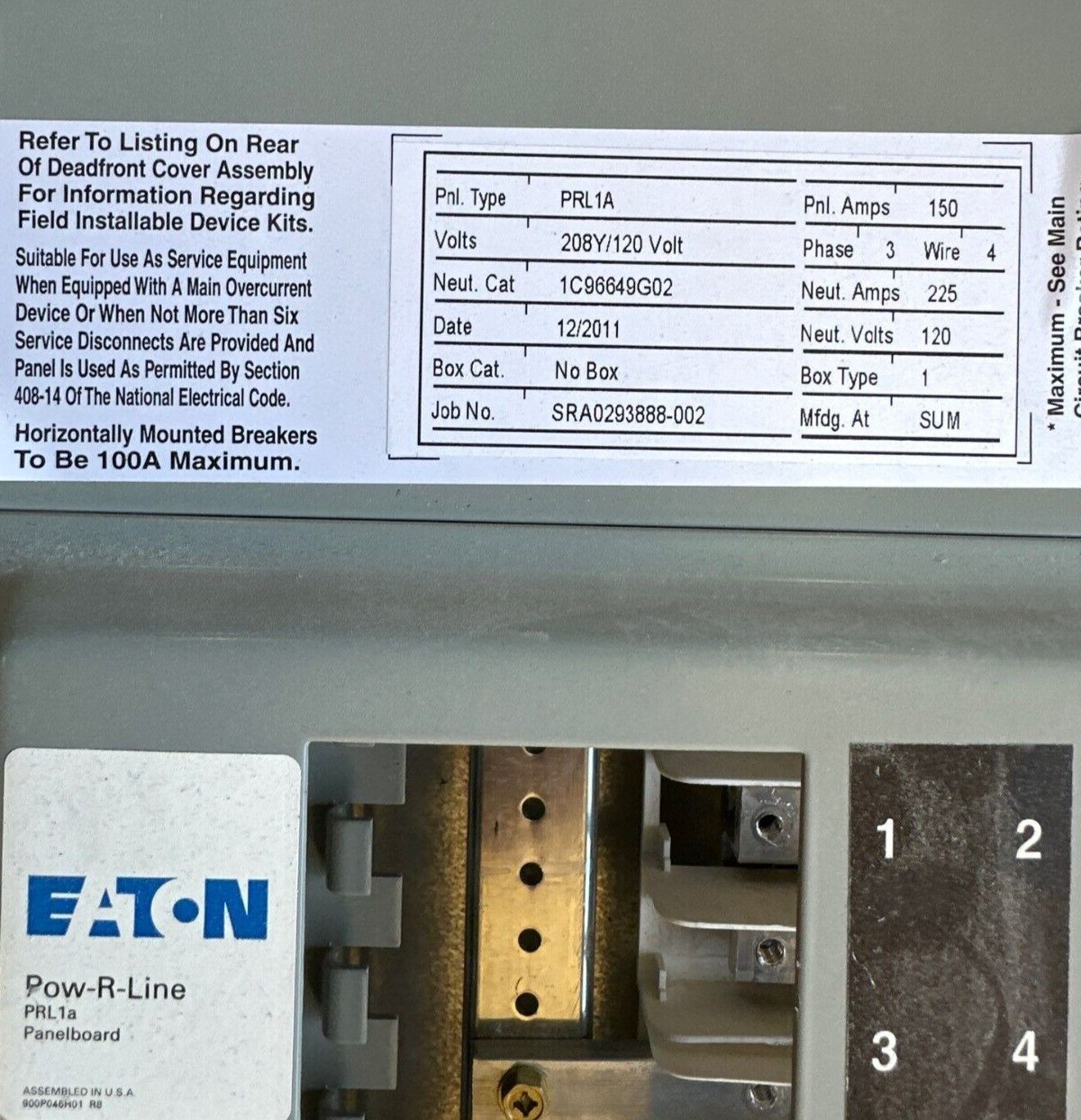 Eaton PRL1A Pow-R-Line Panelboard 150A 208Y/120V 3PH 4W Indoor Encl 42 Cir MCB P530 Used