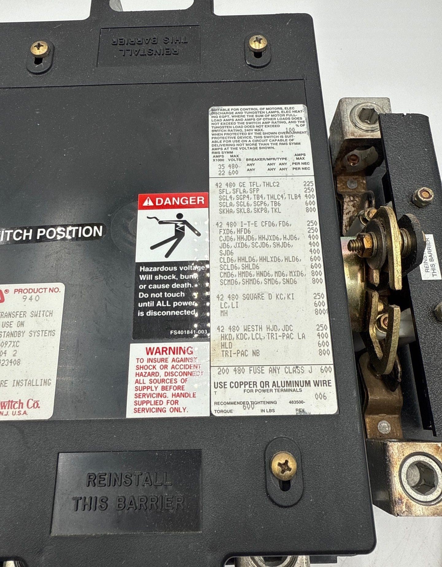 ASCO Series 940 Automatic Transfer Switch 260A 480/277V 60Hz E940326097XC Used