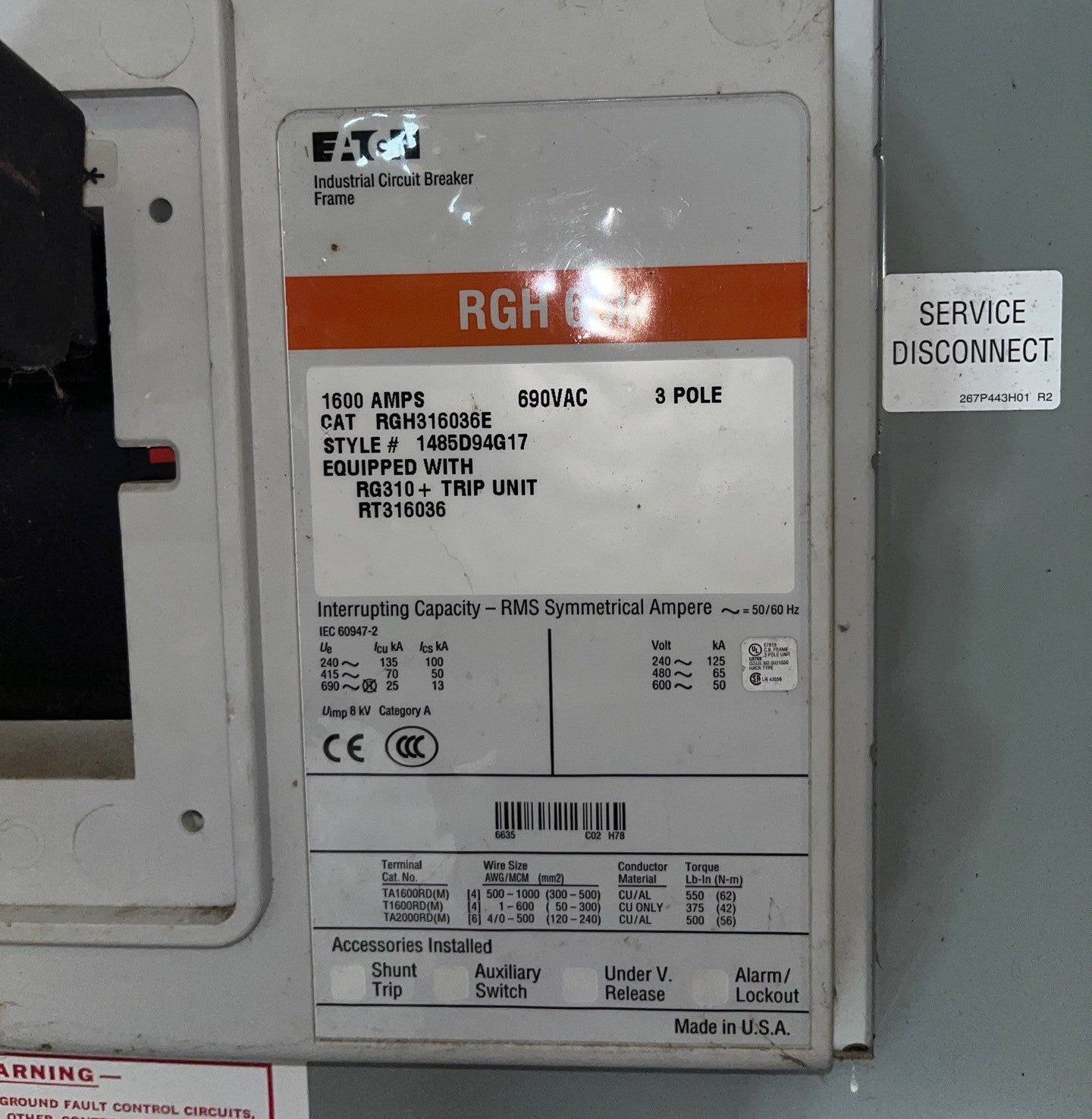 Eaton PRLC Switchboard 1600A 208/120V 3PH 4W 3R Encl MCB RGH316036E LSIG Used