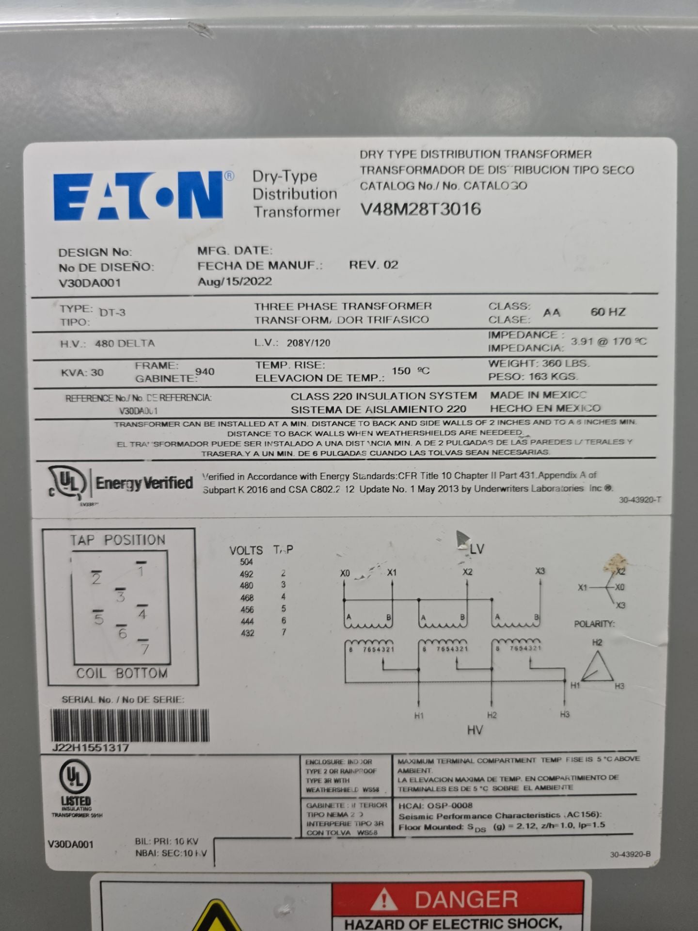 30kVA Eaton V48M28T3016 Transformer Pri 480V Sec 208/120V 3PH Indoor T275 G02S04 Used