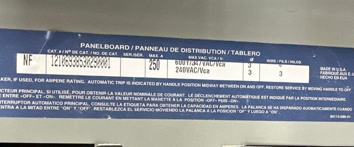 Square D NF Panelboard 250A 600/347V 3PH 4W 42 Circuit Box MH44 250 Amp 240V P402 Used