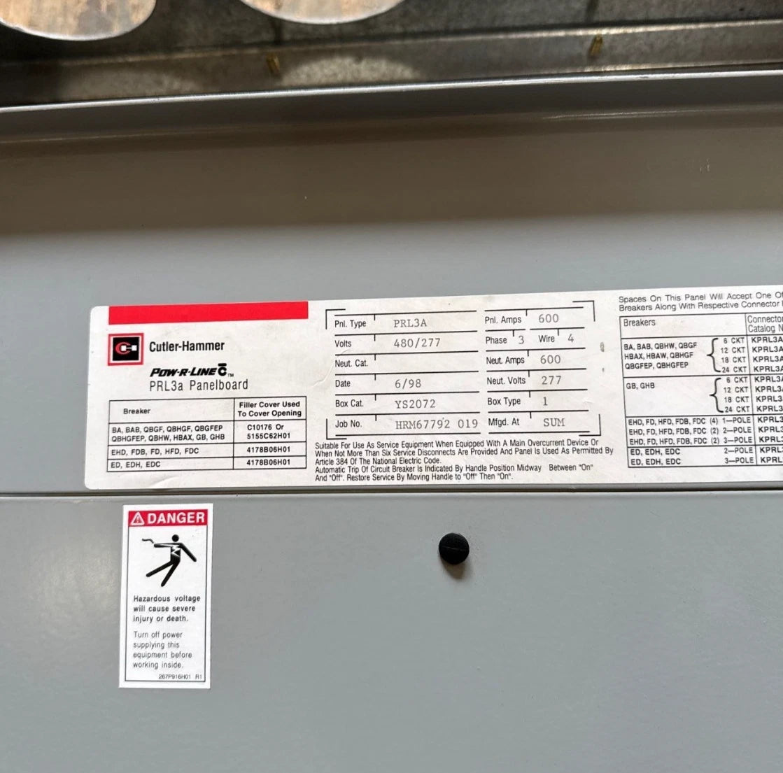 CH PRL3A Panelboard 600A 480/277V 3PH 600 Amp Indoor YS2072 MLO Panel Main Lug Used