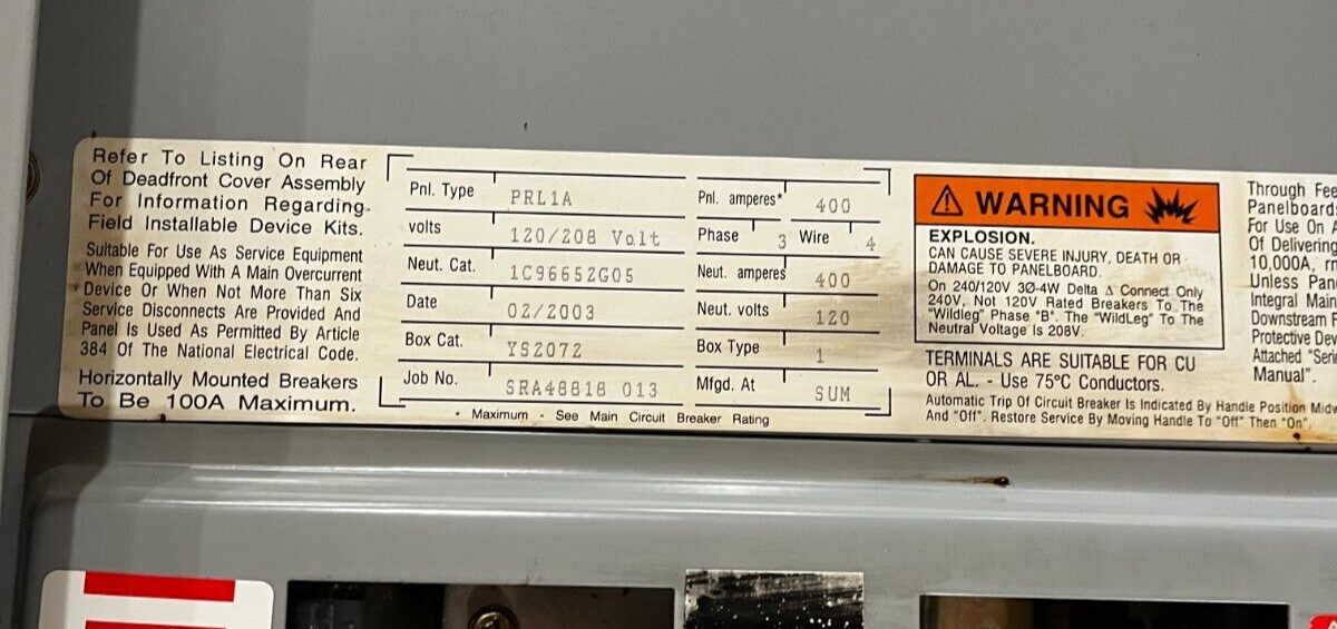 Eaton PRL1A Panelboard 400A 120/208V 3PH 4W 400 Amp MLO Main Lug 225A Subfeed Used