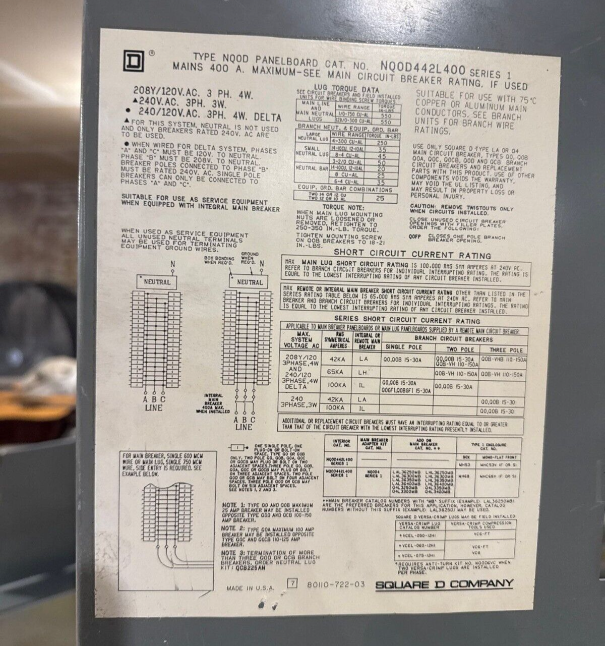 Square D NQOD Panelboard 400A 208/120V 3PH 4W 42 Circuit Indoor Encl MLO MH53 P624 Used