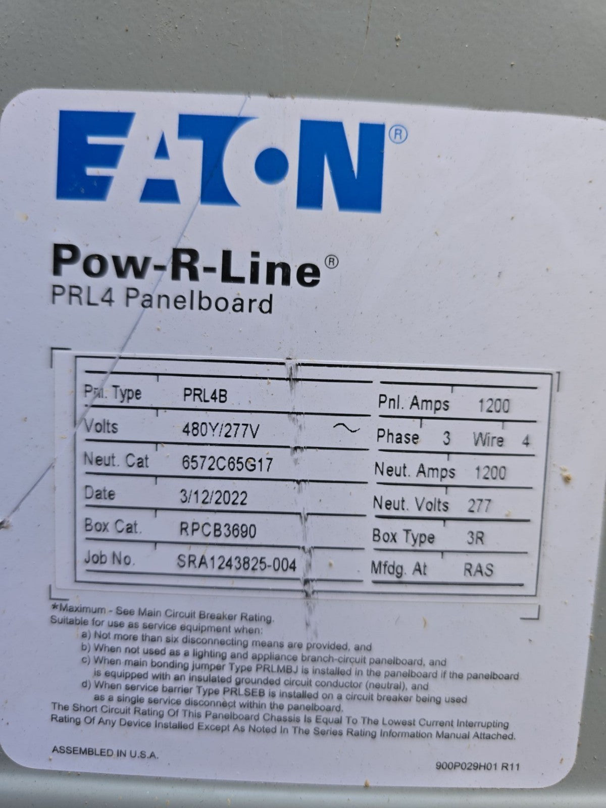 Eaton PRL4B Panelboard 1200A 480/277V 3PH MCB Panel 1200 Amp NGH312039E LSIG 3R Used