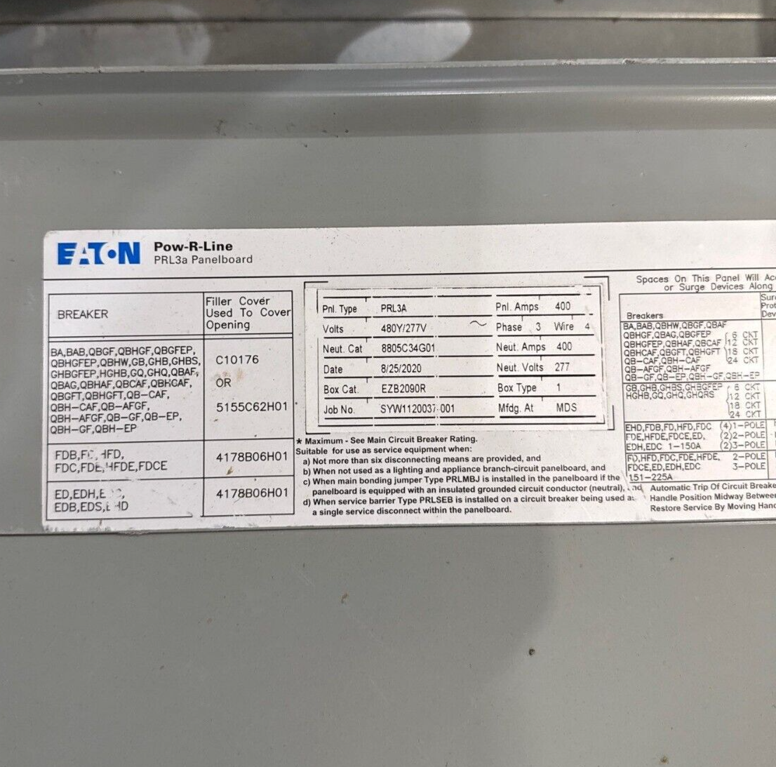Eaton PRL3A Panelboard 400A 480/277V 3PH 4W 18 Cir Indoor Encl MCB HKD3400F P632 Used