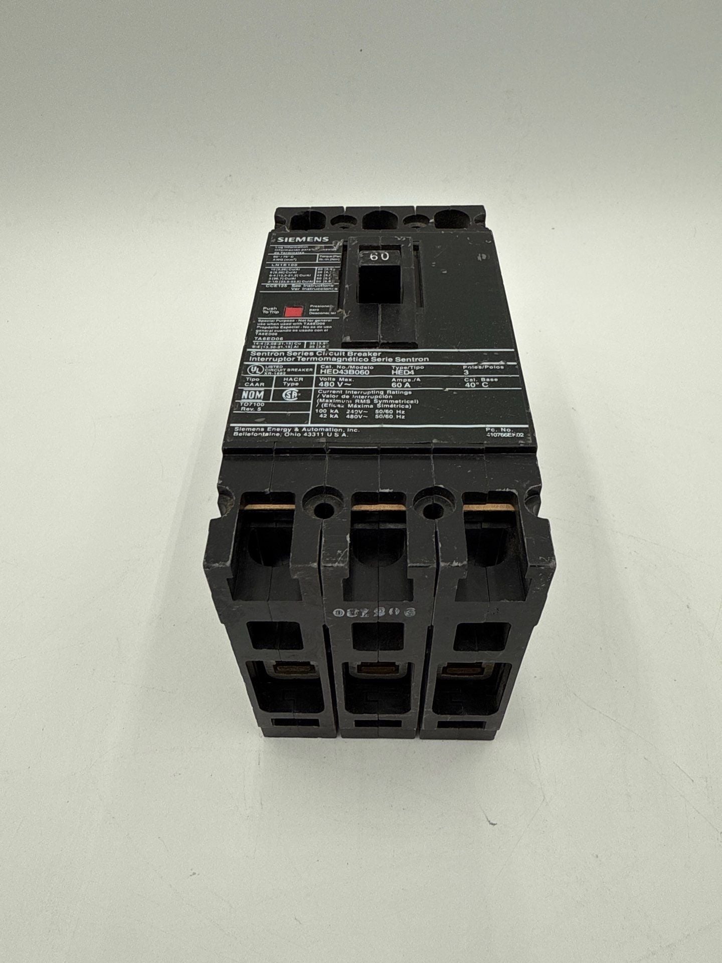 Siemens HED43B060 Circuit Breaker 60A 3P 480V HED4 60 Amp 3 Pole Used