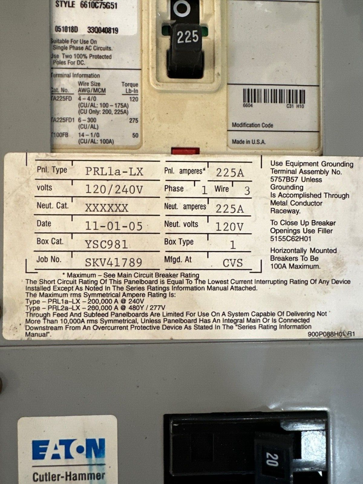 Eaton PRL1a-LX Panelboard 225A 120/240V 1PH 3W Indoor Encl 42 Circuit ED3225 P474 Used