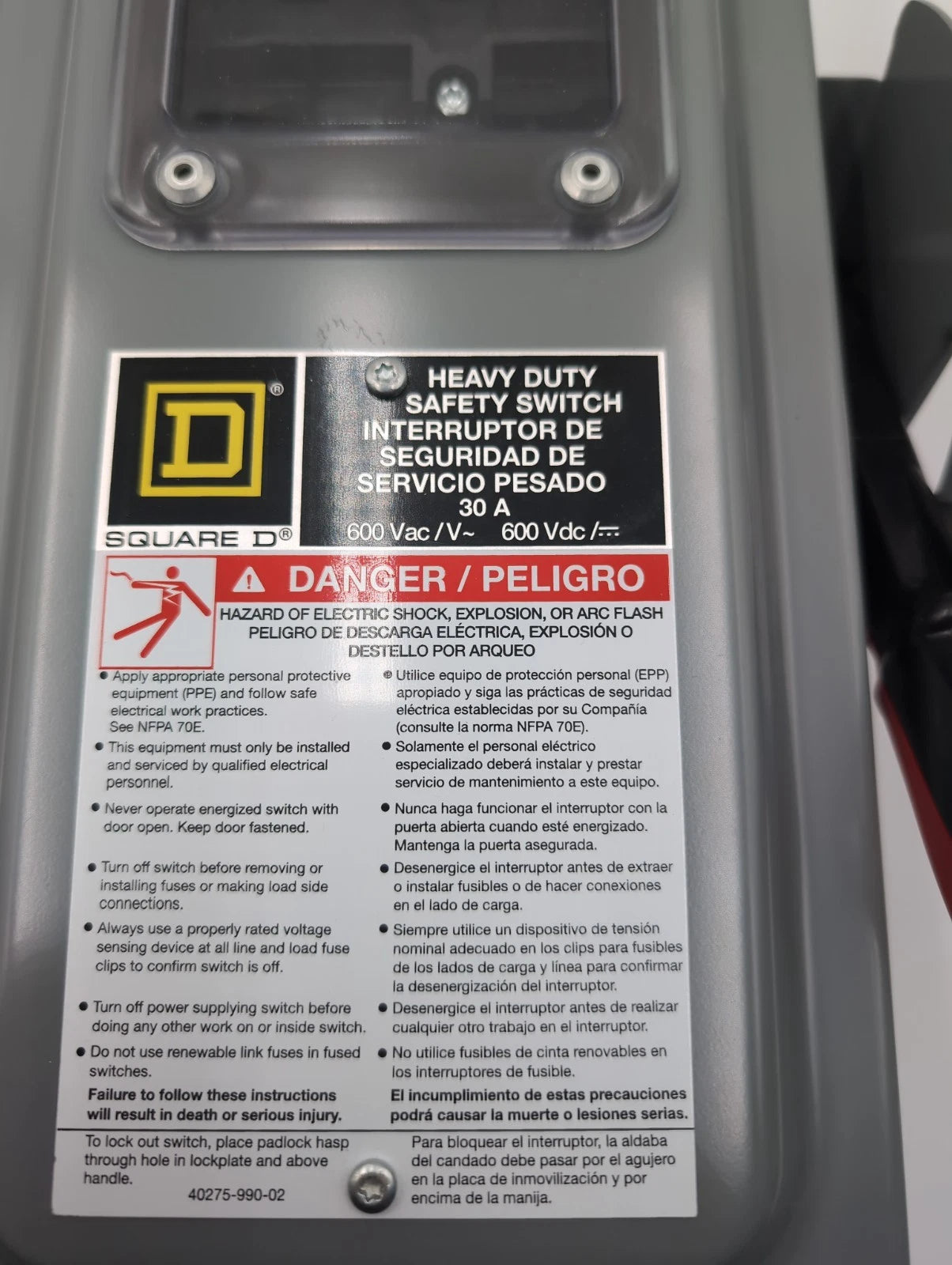 Square D H361N Safety Disconnect Switch 30A 3P 600V Type 1 Enclosure with Window New