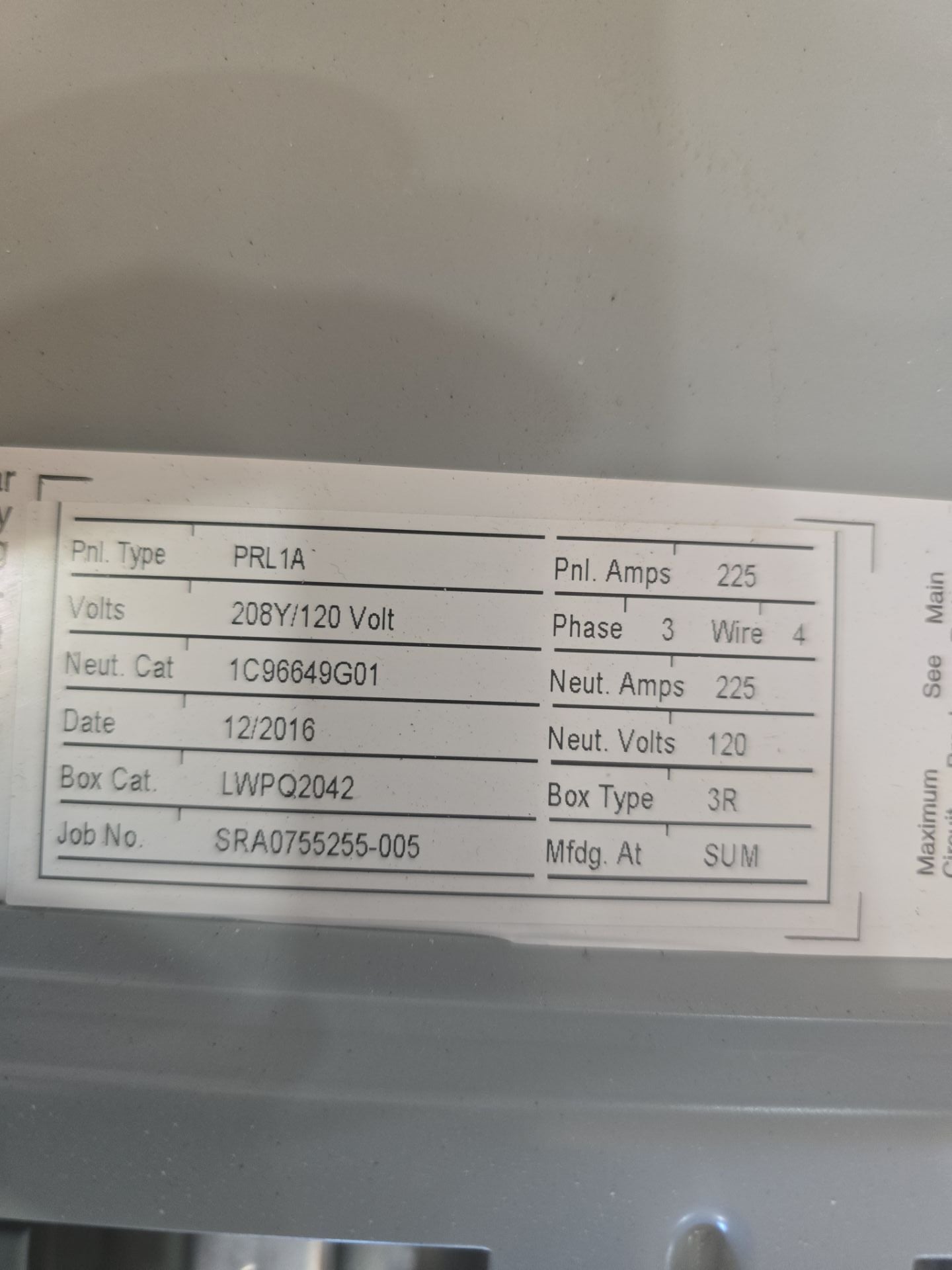Eaton PRL1A Panelboard 225A 208Y/120V 3PH 4W 42 Space 3R Encl MLO Outdoor Used