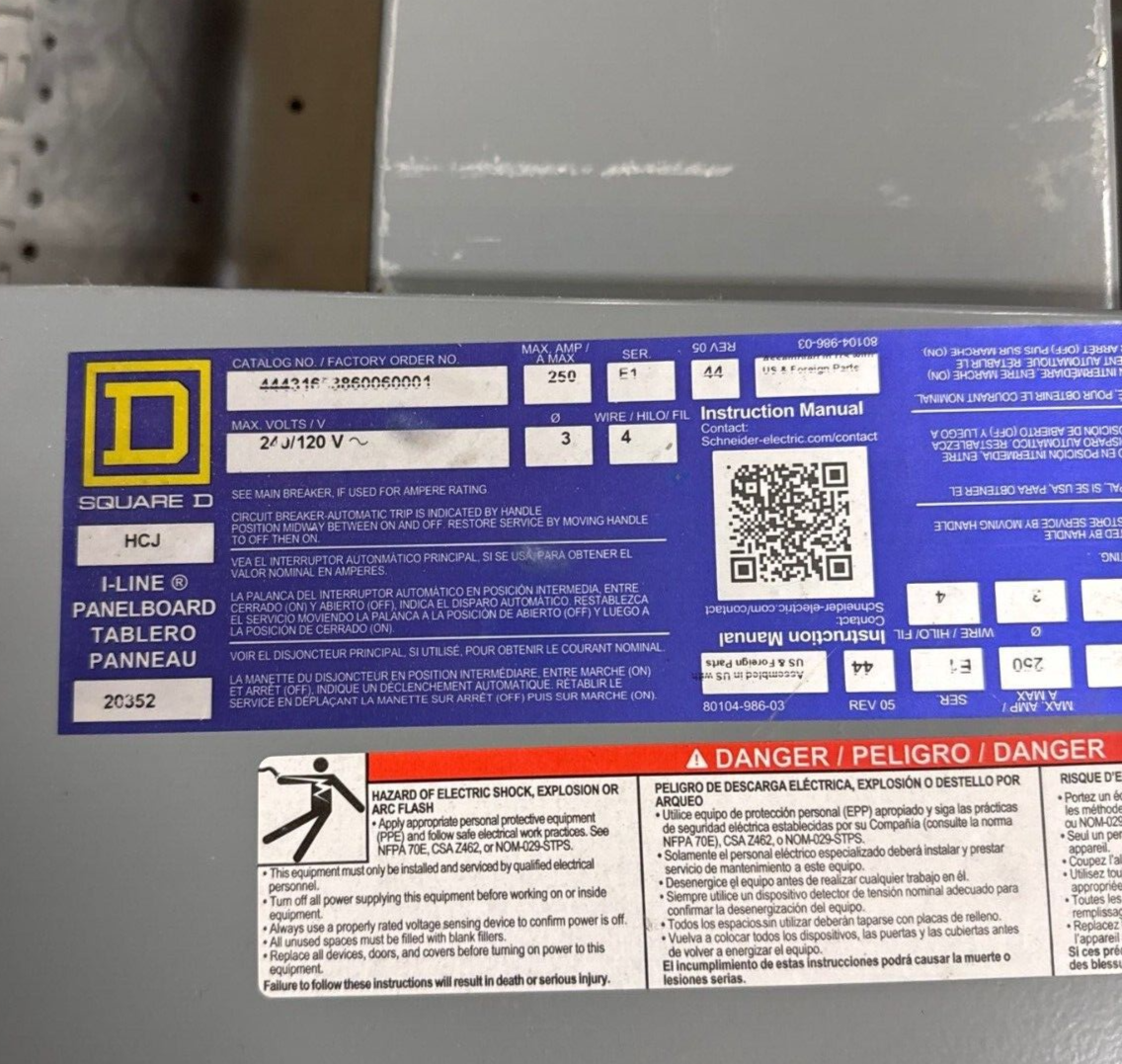 Square D HCJ Panelboard Interior 250A 240/120V 3PH 30 Circuit 250 Amp 3 Phase New