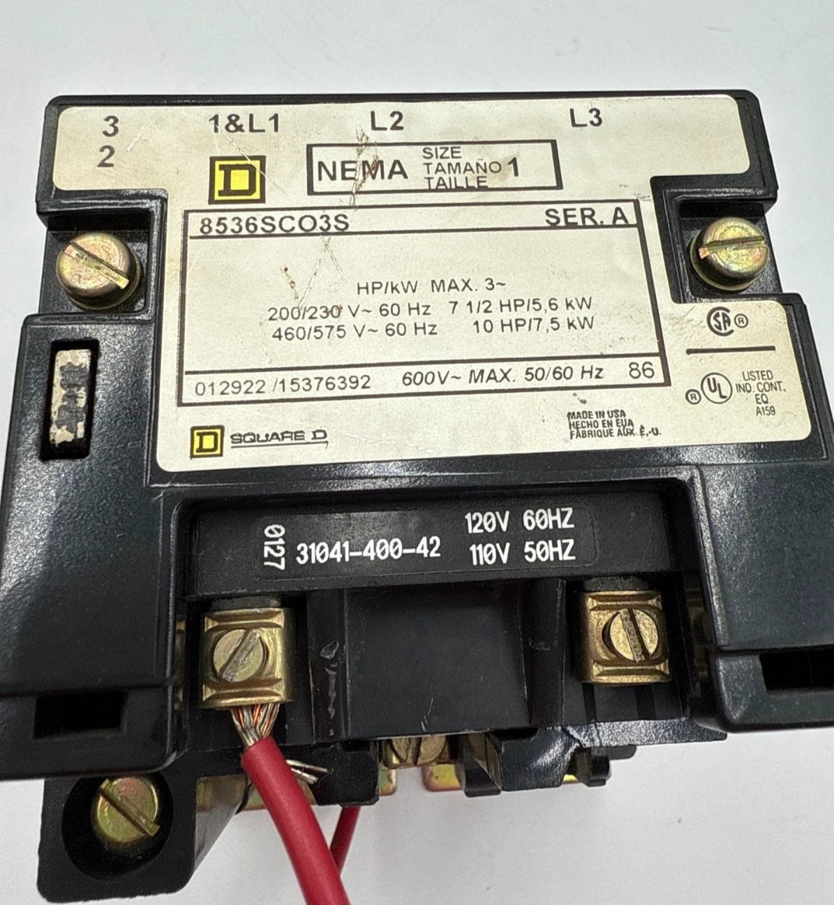 Square D 8536SCO3S Contactor NEMA Size 1 Coil 110/120V 3P 10HP 600V 31041-400-42 Used
