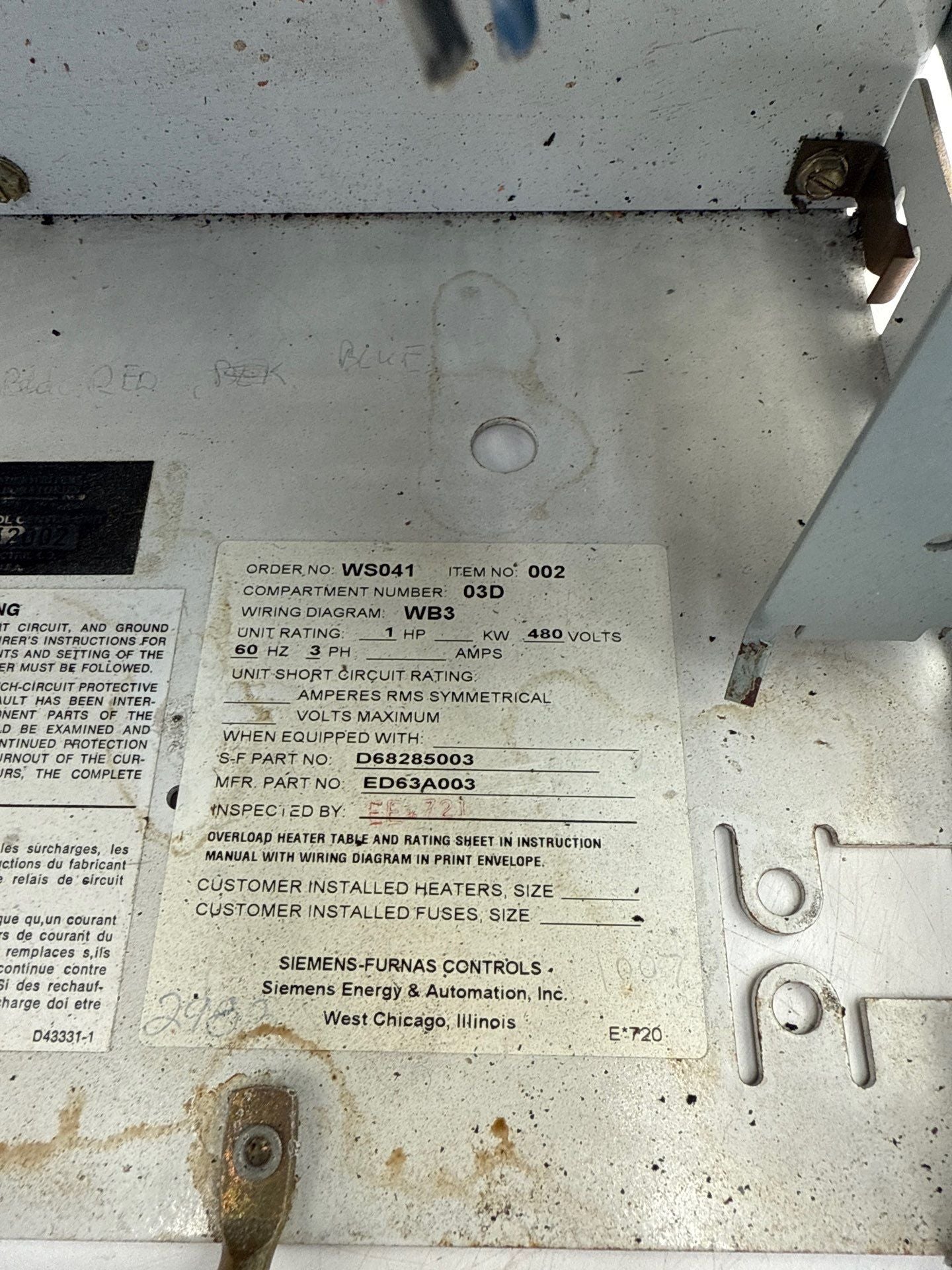 Siemens Model 95+ 18" 2A Combo MCC Bucket Size 1 14DP32A71 Starter ED63A002 Used