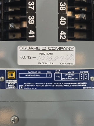 Square D NQOD442L400 Panelboard 400A 208Y/120V 4W 3PH 42 Cir 400 Amp MLO Panel Used
