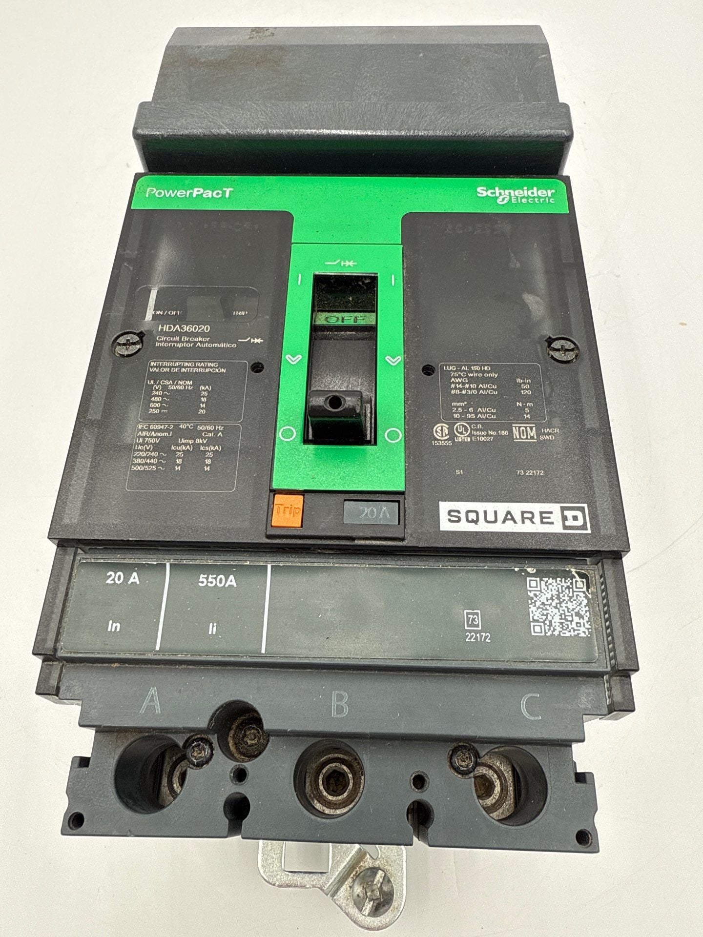 Square D HDA36020 I-Line Circuit Breake 20A 3P 600V HDA PowerPact 20 Amp Used