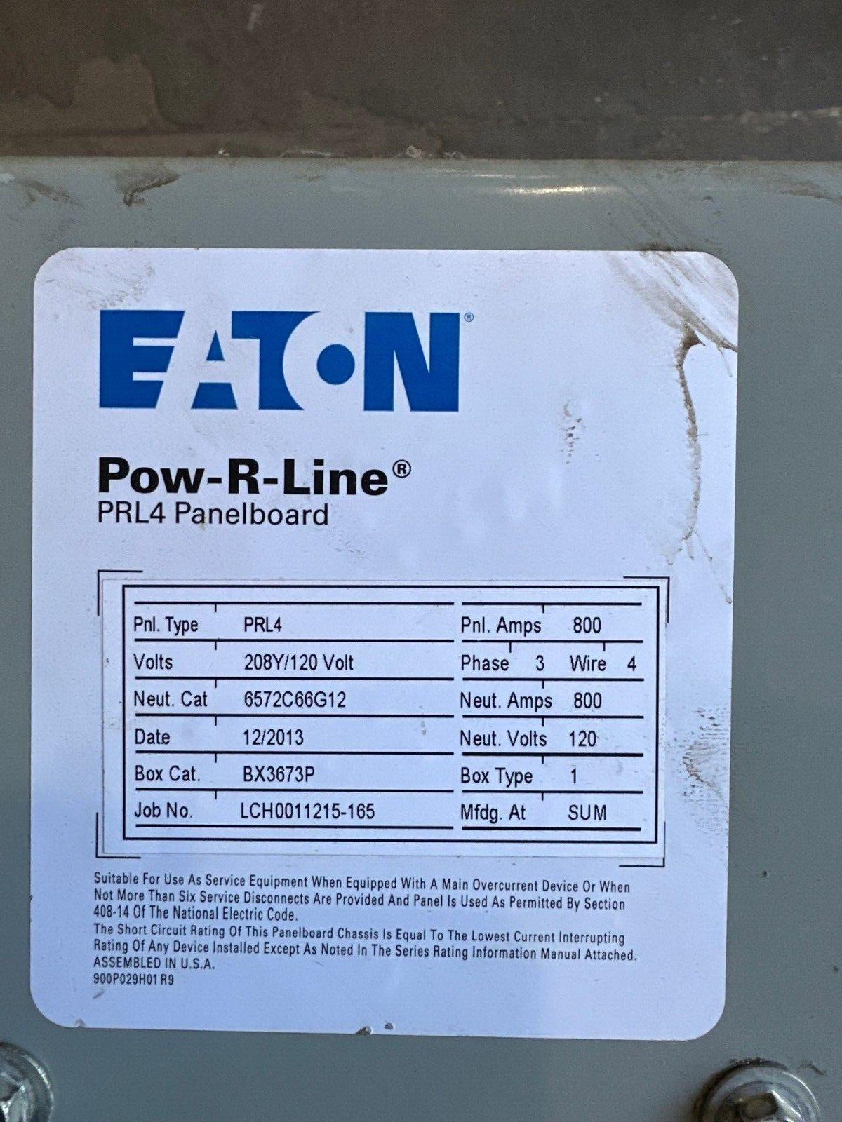 Eaton PRL4 Panelboard 800A 208Y/120V 3PH 4W 42 Circuit Indoor Encl BX3673P P547 Used